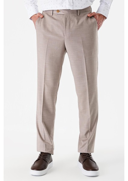 Bej Desenli Likralı Yan Cepli Comfort Fit Rahat Kesim Klasik Pantolon 1003240154