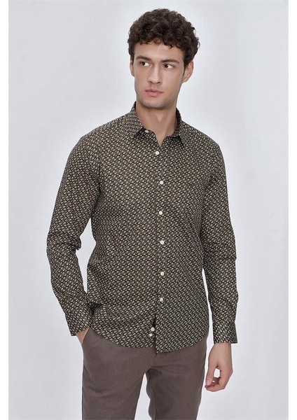 Koyu Haki Uzun Kol Baskılı Sert Yaka %97 Pamuk Slim Fit Dar Kesim Klasik Gömlek 1004225140 modelleri