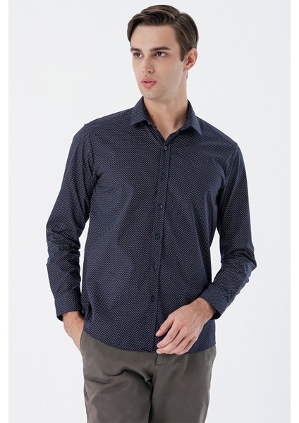 Lacivert Uzun Kollu Baskılı Sert Yaka Cepsiz Pamuklu Klasik Slim Fit Dar Kesim Gömlek 1004235146