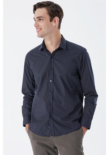 Lacivert Uzun Kollu Baskılı Sert Yaka Cepsiz Pamuklu Klasik Slim Fit Dar Kesim Gömlek 1004235146 fiyatları