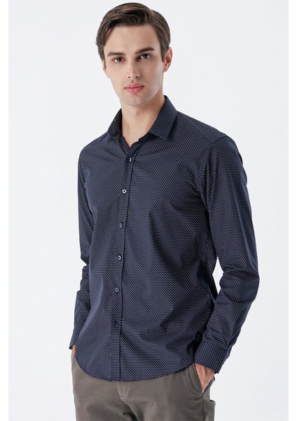 Lacivert Uzun Kollu Baskılı Sert Yaka Cepsiz Pamuklu Klasik Slim Fit Dar Kesim Gömlek 1004235146 modelleri