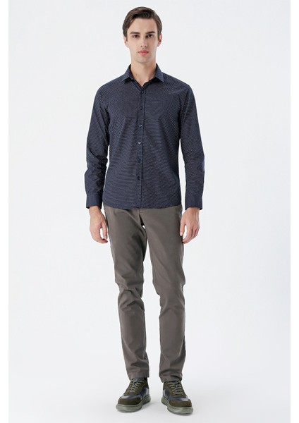 Lacivert Uzun Kollu Baskılı Sert Yaka Cepsiz Pamuklu Klasik Slim Fit Dar Kesim Gömlek 1004235146 fırsatları