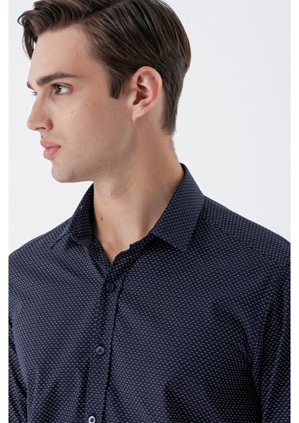 Lacivert Uzun Kollu Baskılı Sert Yaka Cepsiz Pamuklu Klasik Slim Fit Dar Kesim Gömlek 1004235146 indirimleri