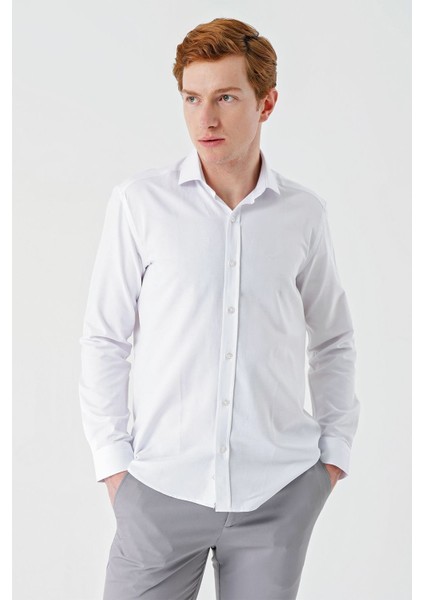 Beyaz Uzun Kollu Oxford Cepsiz Pamuklu Klasik Slim Fit Dar Kesim Gömlek 1004240235