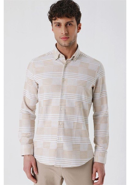 Camel Uzun Kollu Çizgilicepsiz %100 Pamuk Klasik Slim Fit Dar Kesim Gömlek 1004230164