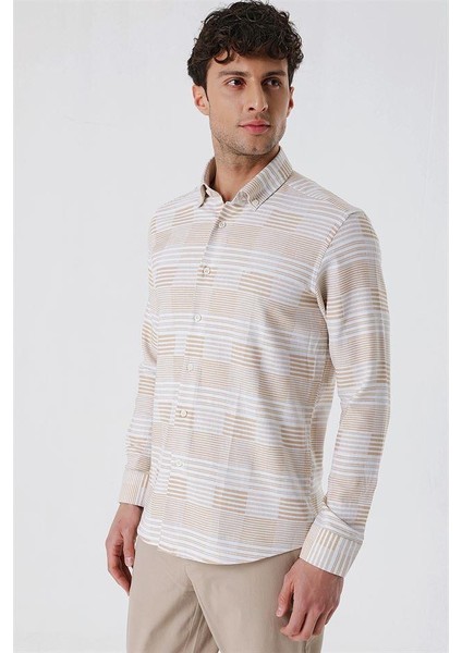 Camel Uzun Kollu Çizgilicepsiz %100 Pamuk Klasik Slim Fit Dar Kesim Gömlek 1004230164 modelleri