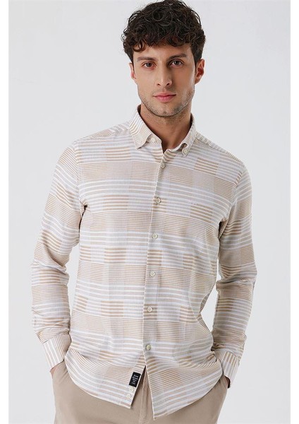 Camel Uzun Kollu Çizgilicepsiz %100 Pamuk Klasik Slim Fit Dar Kesim Gömlek 1004230164 fırsatları
