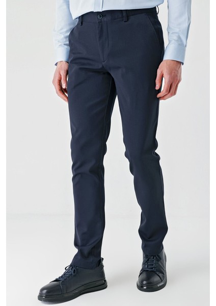 Lacivert Armürlü Pamuklu Yan Cepli Slim Fit Dar Kesim Casual Pantolon 1003240156