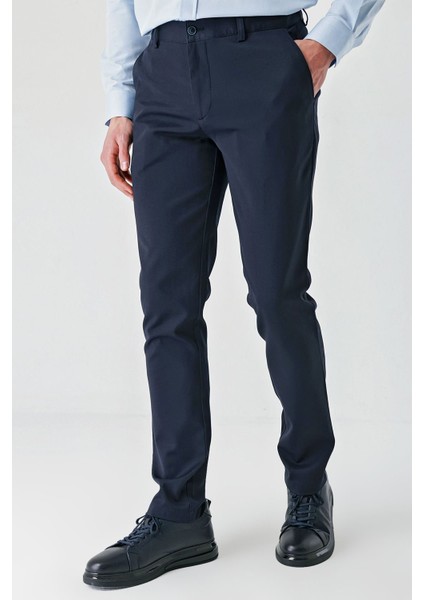 Lacivert Armürlü Pamuklu Yan Cepli Slim Fit Dar Kesim Casual Pantolon 1003240156