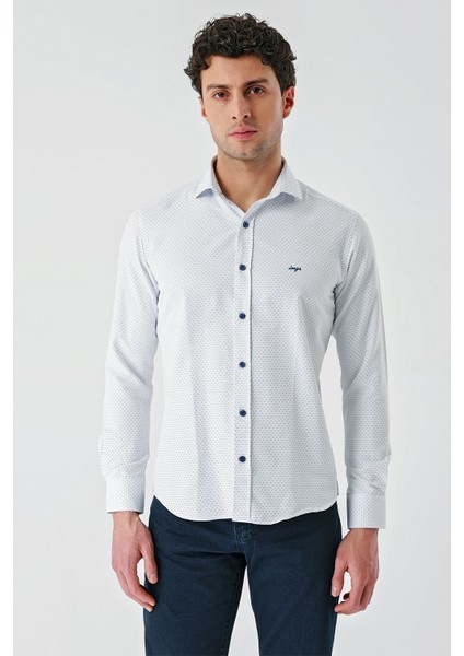 Koyu Lacivert Uzun Kollu Desenli Armürlü Cepsiz Pamuklu Klasik Slim Fit Dar Kesim Gömlek 1004240189