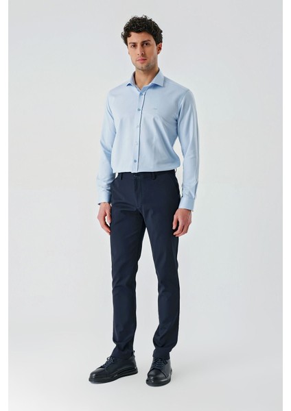 Lacivert Armürlü Pamuklu Yan Cepli Slim Fit Dar Kesim Casual Pantolon 1003240156