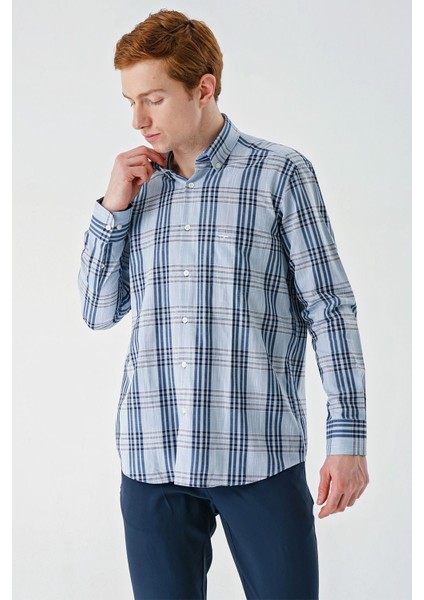 Koyu Mavi Uzun Kollu Ekoseli Cepli %100 Pamuk Klasik Comfort Fit Rahat Kesim Gömlek 1004240185 fiyatları