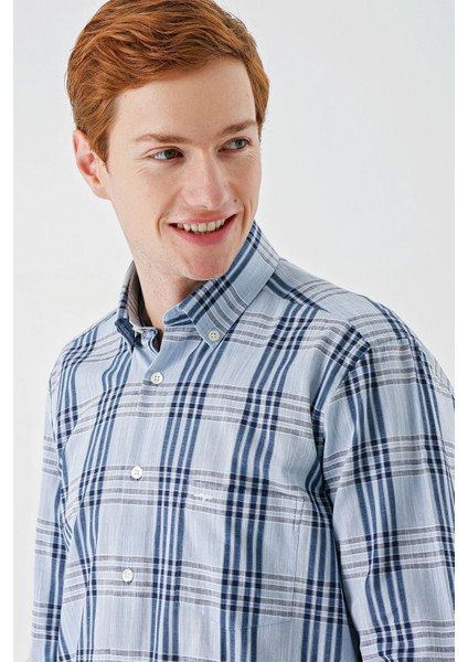 Koyu Mavi Uzun Kollu Ekoseli Cepli %100 Pamuk Klasik Comfort Fit Rahat Kesim Gömlek 1004240185 indirimleri