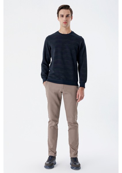 Koyu Lacivert Uzun Kollu Örme Bisiklet Yaka Likralı Casual Comfort Fit Sweatshirt 1013235105
