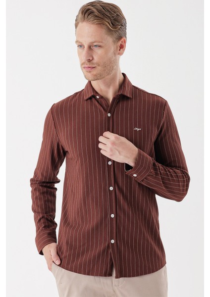 Kiremit Uzun Kollu Çizgili Örme Cepsiz Casual Slim Fit Dar Kesim Gömlek 1004235114 fiyatları