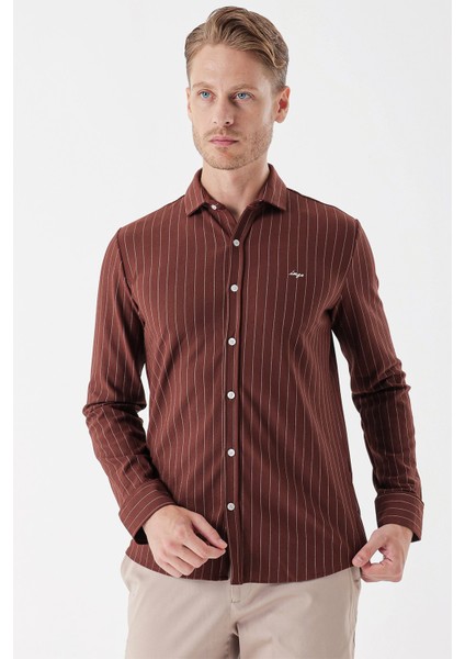 Kiremit Uzun Kollu Çizgili Örme Cepsiz Casual Slim Fit Dar Kesim Gömlek 1004235114 modelleri