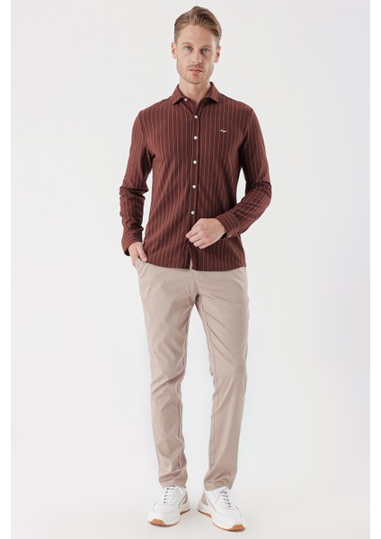 Kiremit Uzun Kollu Çizgili Örme Cepsiz Casual Slim Fit Dar Kesim Gömlek 1004235114 fırsatları