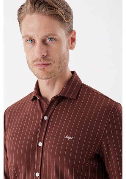 Kiremit Uzun Kollu Çizgili Örme Cepsiz Casual Slim Fit Dar Kesim Gömlek 1004235114 indirimleri