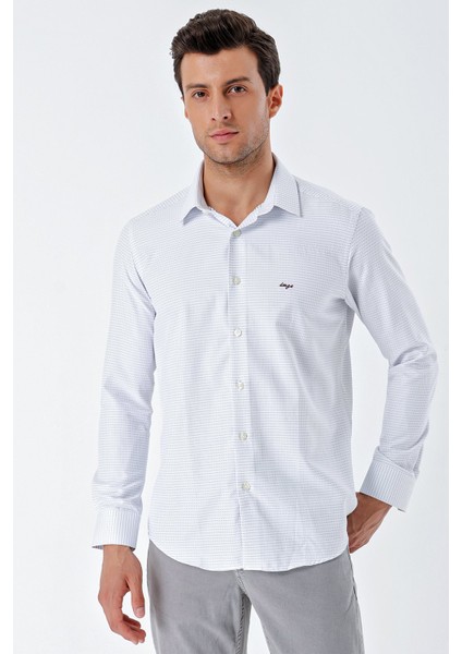 Beyaz Uzun Kollu Desenli Armürlü Sert Yaka Cepsiz Pamuklu Klasik Slim Fit Gömlek 1004230203