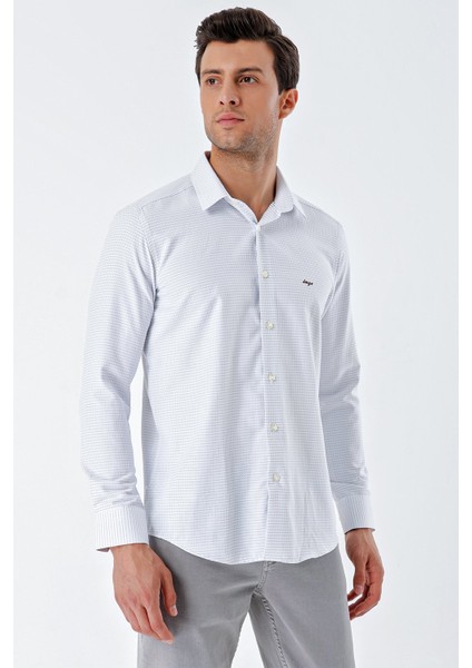 Beyaz Uzun Kollu Desenli Armürlü Sert Yaka Cepsiz Pamuklu Klasik Slim Fit Gömlek 1004230203 fiyatları