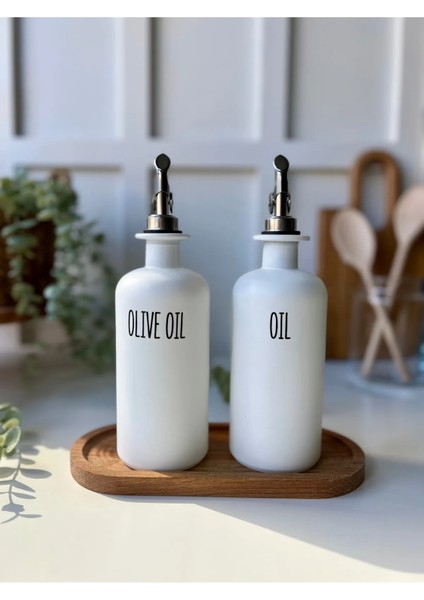 2'li Beyaz Gümüş Başlıklı Cam Yağdanlık Seti | Ahşap Stant | Oil-Olive Oil-Vinegar-Sauce