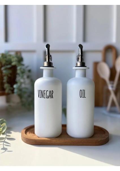 2'li Beyaz Gümüş Başlıklı Cam Yağdanlık Seti | Ahşap Stant | Oil-Olive Oil-Vinegar-Sauce fiyatları