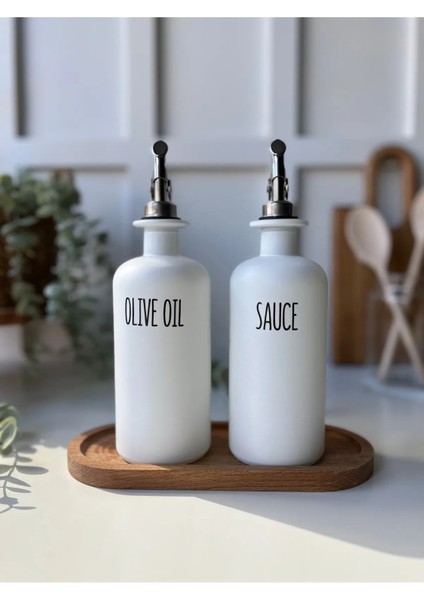 2'li Beyaz Gümüş Başlıklı Cam Yağdanlık Seti | Ahşap Stant | Oil-Olive Oil-Vinegar-Sauce modelleri