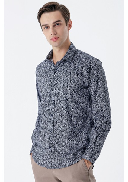 Koyu Lacivert Uzun Kollu Baskılı Cepsiz Pamuklu Likralı Klasik Slim Fit Gömlek 1004235127