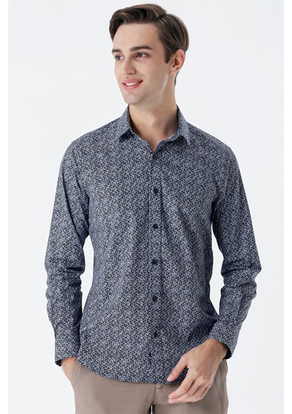 Koyu Lacivert Uzun Kollu Baskılı Cepsiz Pamuklu Likralı Klasik Slim Fit Gömlek 1004235127 fiyatları
