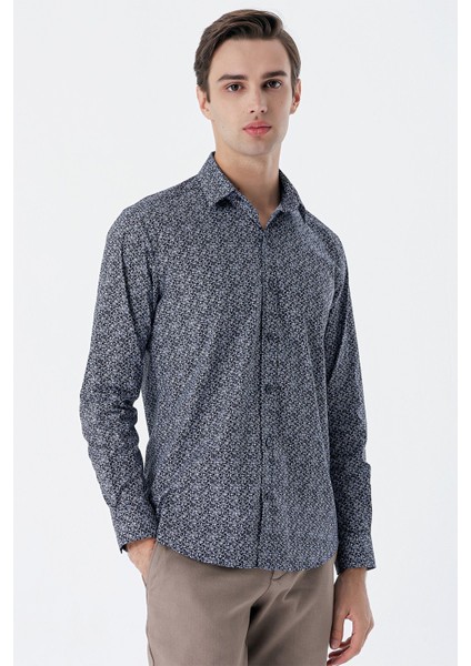 Koyu Lacivert Uzun Kollu Baskılı Cepsiz Pamuklu Likralı Klasik Slim Fit Gömlek 1004235127 modelleri