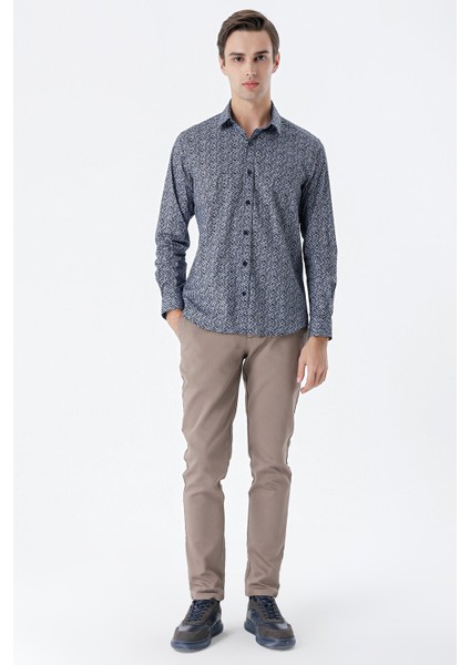 Koyu Lacivert Uzun Kollu Baskılı Cepsiz Pamuklu Likralı Klasik Slim Fit Gömlek 1004235127 fırsatları