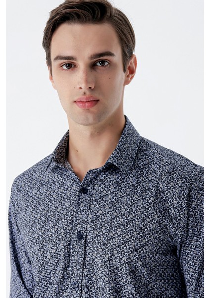 Koyu Lacivert Uzun Kollu Baskılı Cepsiz Pamuklu Likralı Klasik Slim Fit Gömlek 1004235127 indirimleri
