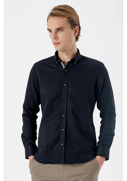 Siyah Uzun Kollu Desenli Armürlü Düğmeli Yaka Cepsiz Pamuklu Klasik Slim Fit Gömlek 1004235147 modelleri