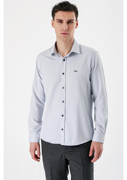 Siyah Uzun Kollu Desenli Armürlü Sert Yaka Cepsiz Pamuklu Slim Fit Dar Kesim Gömlek 1004235171