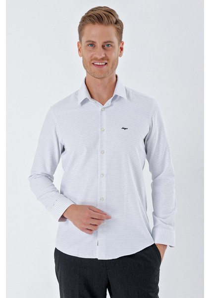 Beyaz Uzun Kollu Desenli Armürlü Sert Yaka Cepsiz Pamuklu Klasik Slim Fit Gömlek 1004230203