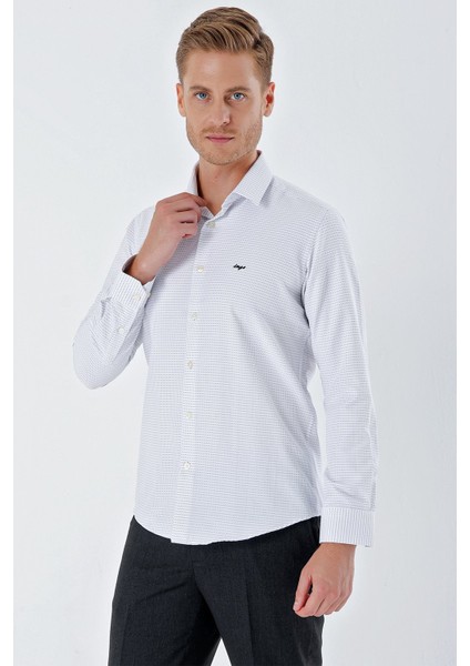 Beyaz Uzun Kollu Desenli Armürlü Sert Yaka Cepsiz Pamuklu Klasik Slim Fit Gömlek 1004230203 modelleri