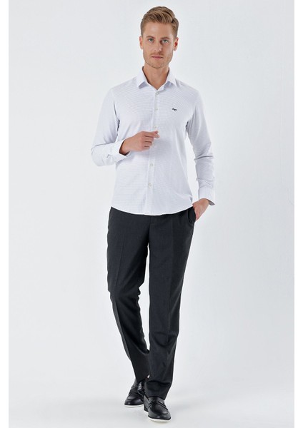 Beyaz Uzun Kollu Desenli Armürlü Sert Yaka Cepsiz Pamuklu Klasik Slim Fit Gömlek 1004230203 fırsatları