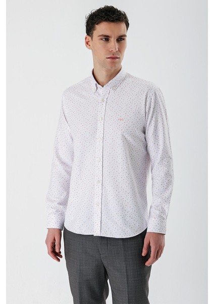 Ekru Uzun Kollu Baskılı Bez Ayağı Düğmeli Yaka Cepsiz Pamuklu Slim Fit Gömlek 1004235170