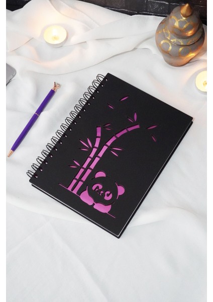 Panda Tasarım Siyah Ahşap Kapaklı Defter - Çizgisiz Defter - Hediye Günlük - Ajanda - A5 Notebook