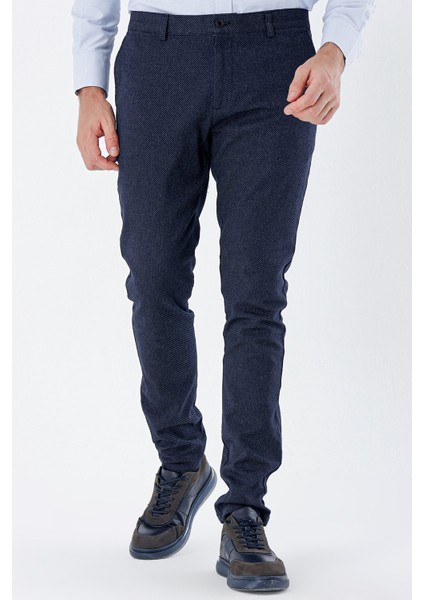 Koyu Lacivert Desenli Armürlü Yan Cepli Slim Fit Dar Kesim Casual Pantolon 1003235119
