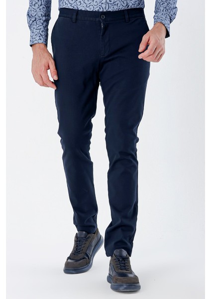 Lacivert Armürlü %100 Pamuk Yan Cepli Slim Fit Dar Kesim Casual Pantolon 1003235117