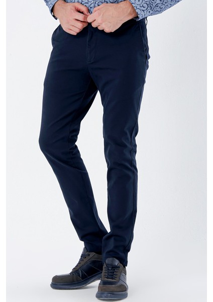 Lacivert Armürlü %100 Pamuk Yan Cepli Slim Fit Dar Kesim Casual Pantolon 1003235117 modelleri
