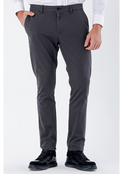 Koyu Antrasit Armürlü %100 Pamuk Yan Cepli Slim Fit Dar Kesim Casual Pantolon 1003235117