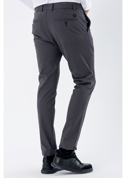 Koyu Antrasit Armürlü %100 Pamuk Yan Cepli Slim Fit Dar Kesim Casual Pantolon 1003235117