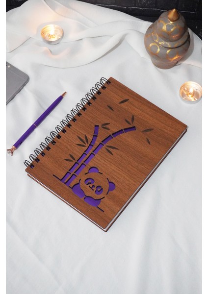 Panda Desen Ahşap Defter - Ajanda - Günlük - Çizgisiz Anı Defteri (Ahşap Rengi Ceviz) - A5 Spiralli