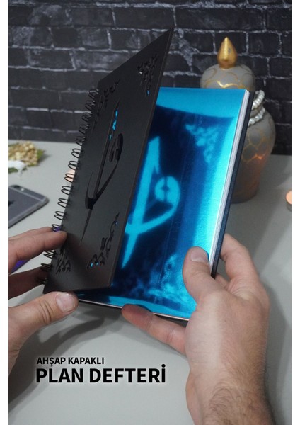 A5 Günlük Planlayıcı Elif Vav Siyah Ahşap Kapaklı Defter - Dini Plan Defteri - Hediyelik