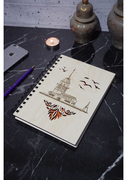 Kız Kulesi Desenli Ahşap Defter Günlük - Çizgisiz Defter (Ahşap Rengi Banu) A5 Spiralli Okul Defteri