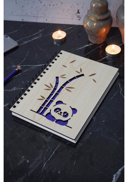 Panda Tasarımlı Ahşap Defter Günlük-Çizgisiz Defter (Ahşap Rengi Banu) A5 Spiralli Okul Defteri