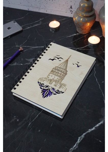 Galata Kulesi Desen Ahşap Defter - Ajanda - Günlük - Çizgisiz Defter (Ahşap Rengi Banu) A5 Notebook