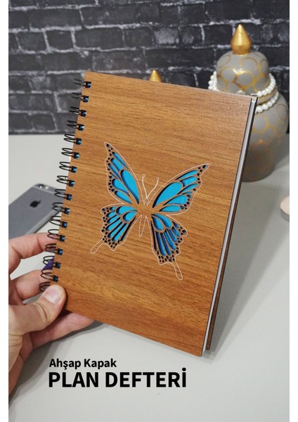 Kelebek Desenli Planlayıcı Ahşap Defter - Günlük Planlayıcı - Tarihsiz Ajanda (90 Sayfa)
